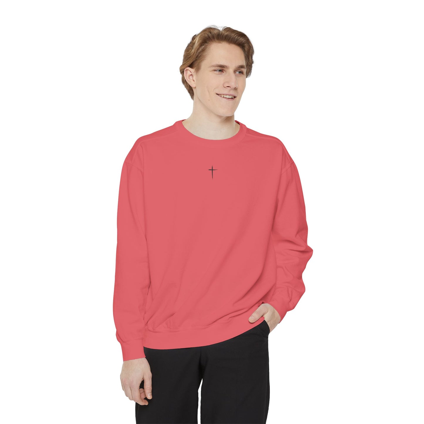 Garment-Dyed Sweatshirt with Minimalist Cross Design, Cozy Unisex Crewneck, Perfect for Spiritual Gifts, Casual Wear, Everyday Comfort