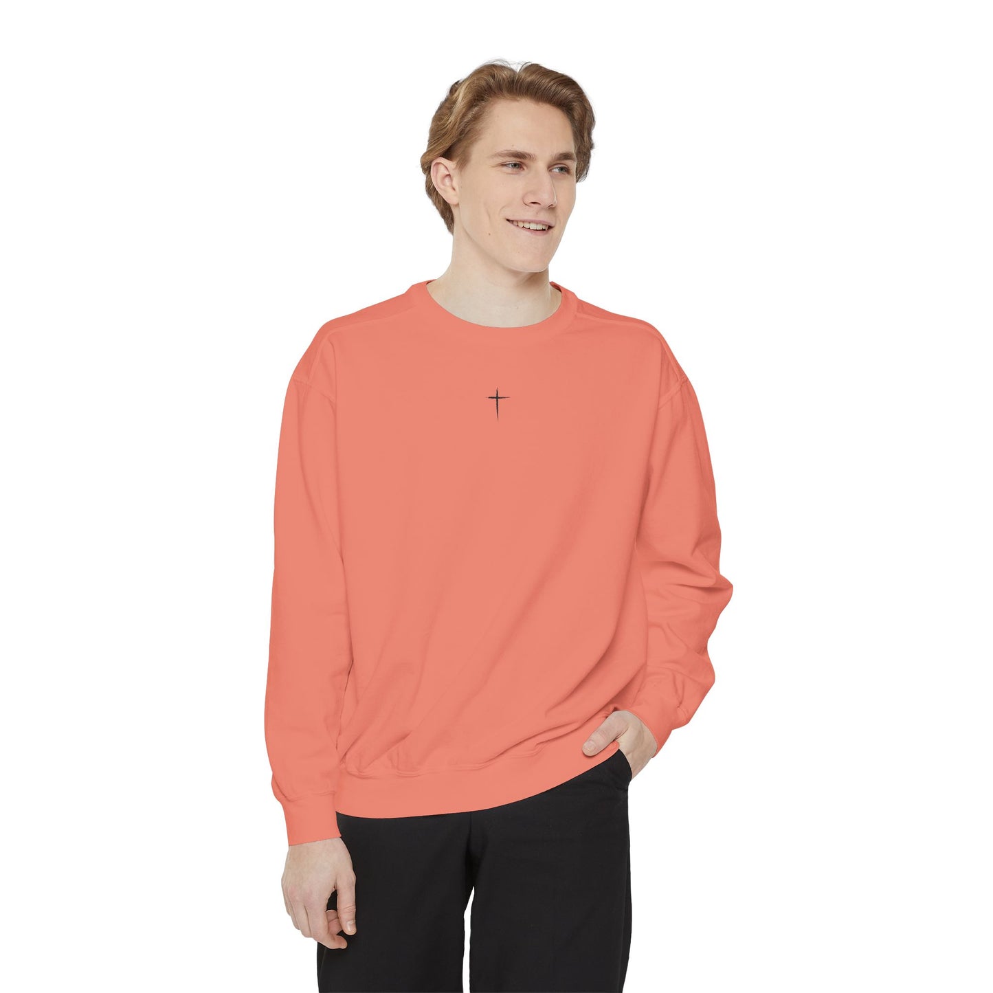 Garment-Dyed Sweatshirt with Minimalist Cross Design, Cozy Unisex Crewneck, Perfect for Spiritual Gifts, Casual Wear, Everyday Comfort