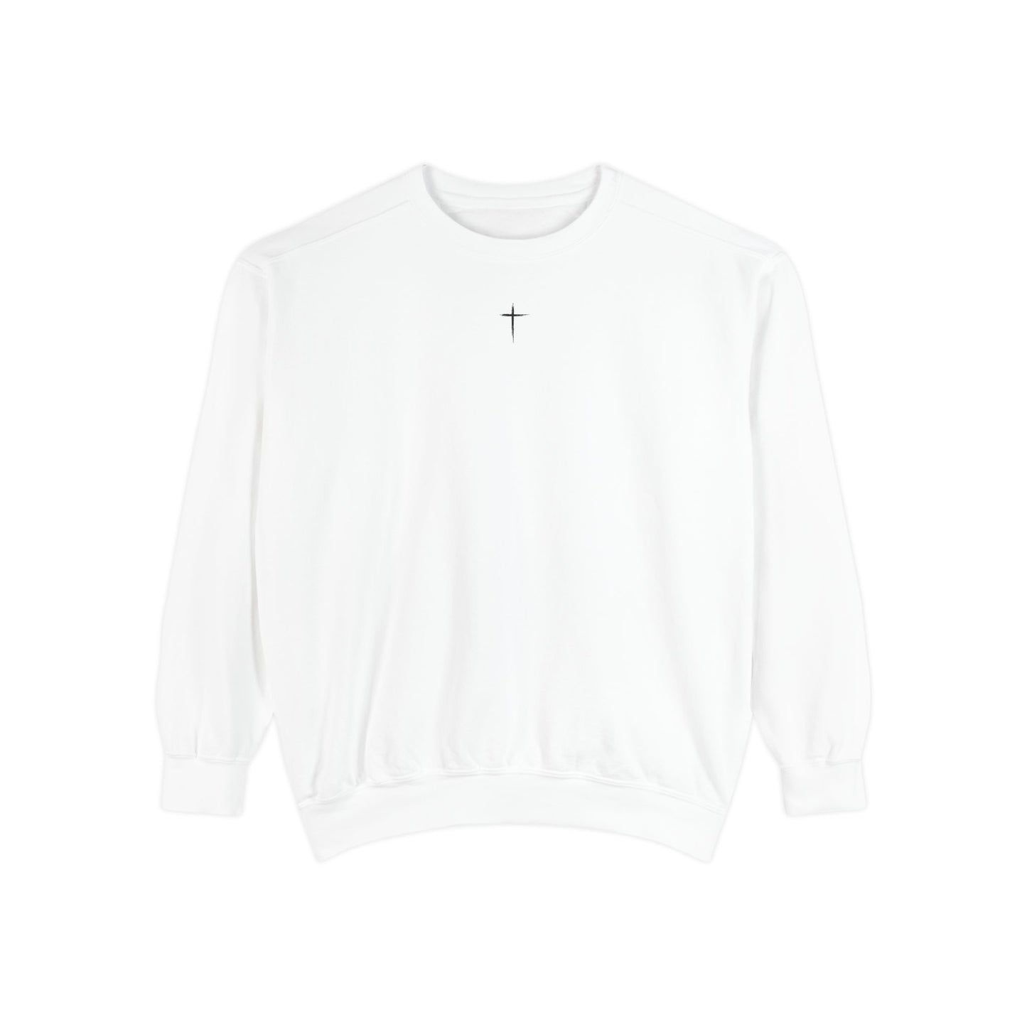 Garment-Dyed Sweatshirt with Minimalist Cross Design, Cozy Unisex Crewneck, Perfect for Spiritual Gifts, Casual Wear, Everyday Comfort