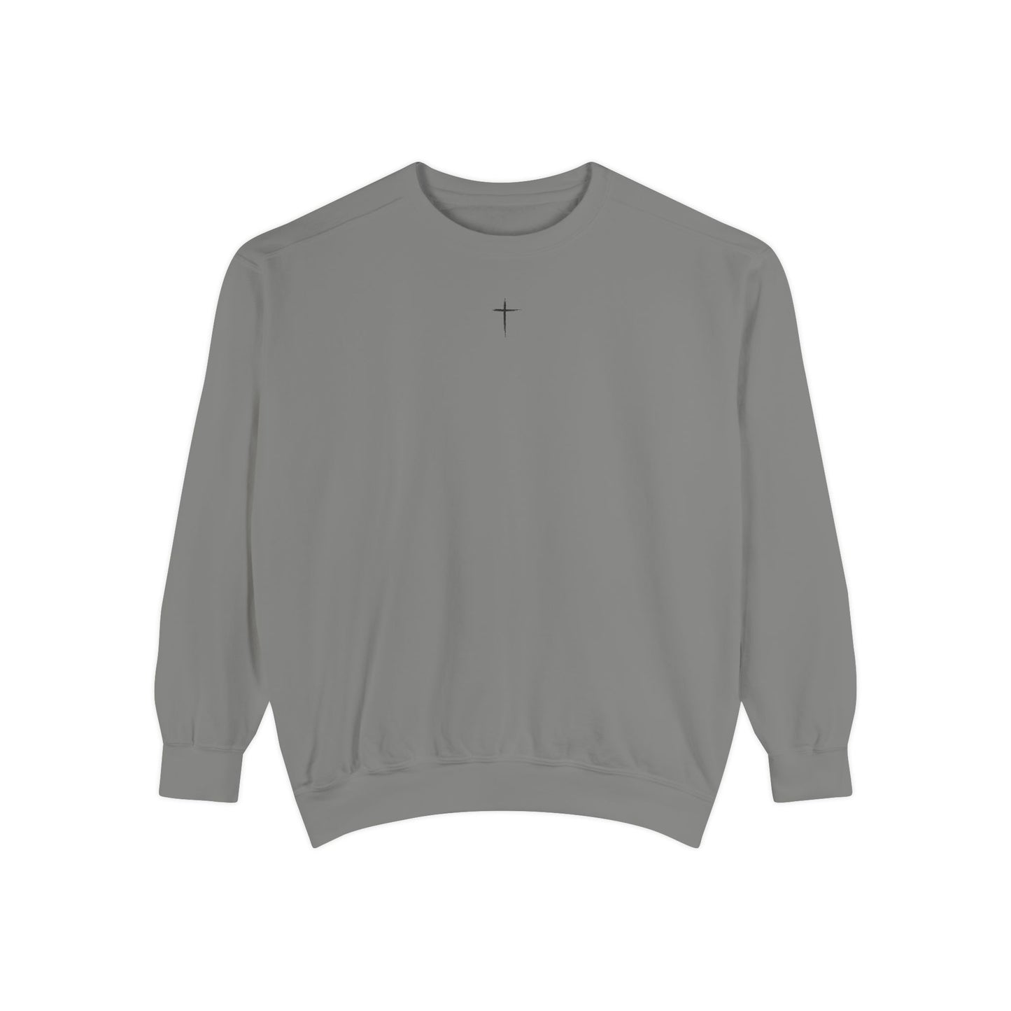 Garment-Dyed Sweatshirt with Minimalist Cross Design, Cozy Unisex Crewneck, Perfect for Spiritual Gifts, Casual Wear, Everyday Comfort