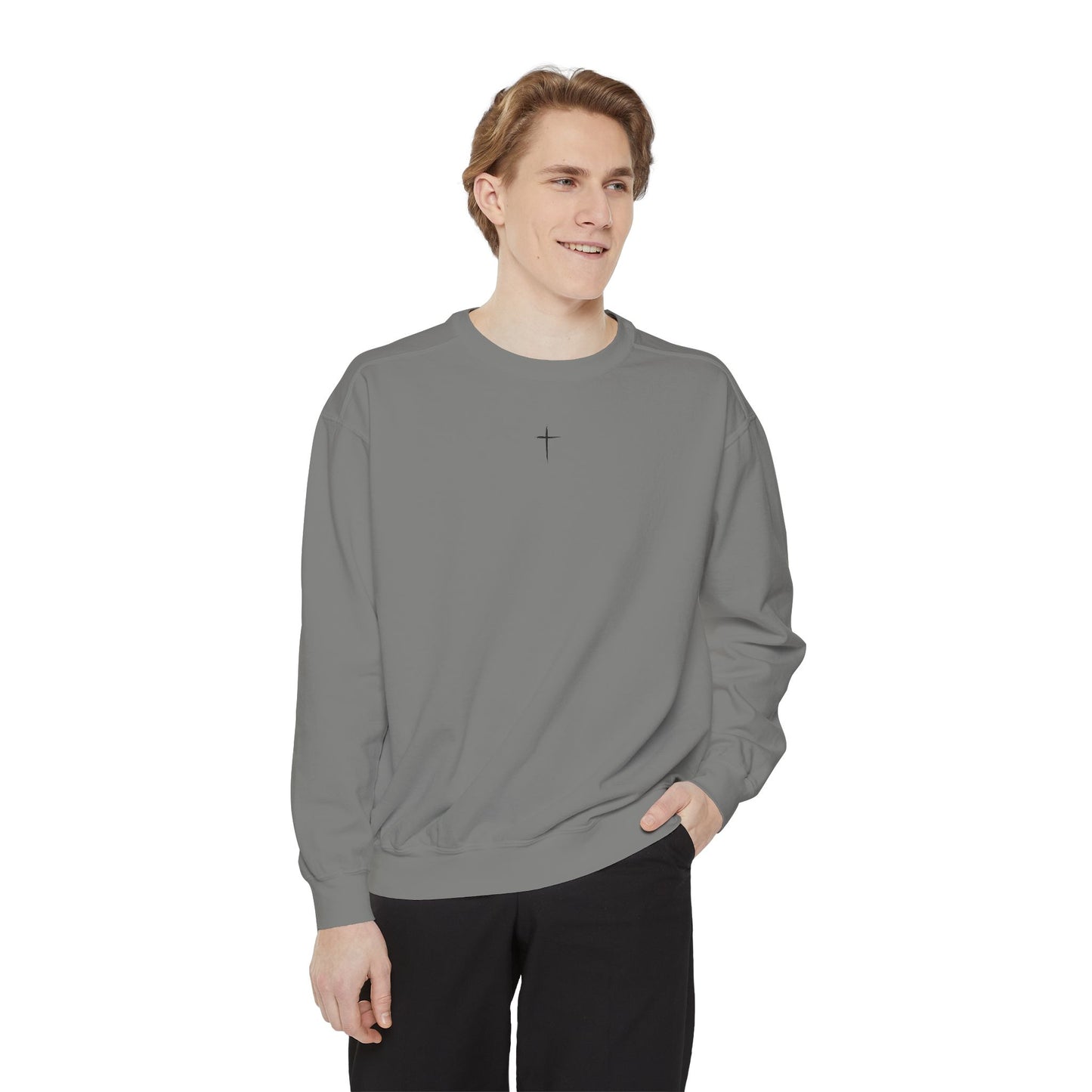 Garment-Dyed Sweatshirt with Minimalist Cross Design, Cozy Unisex Crewneck, Perfect for Spiritual Gifts, Casual Wear, Everyday Comfort