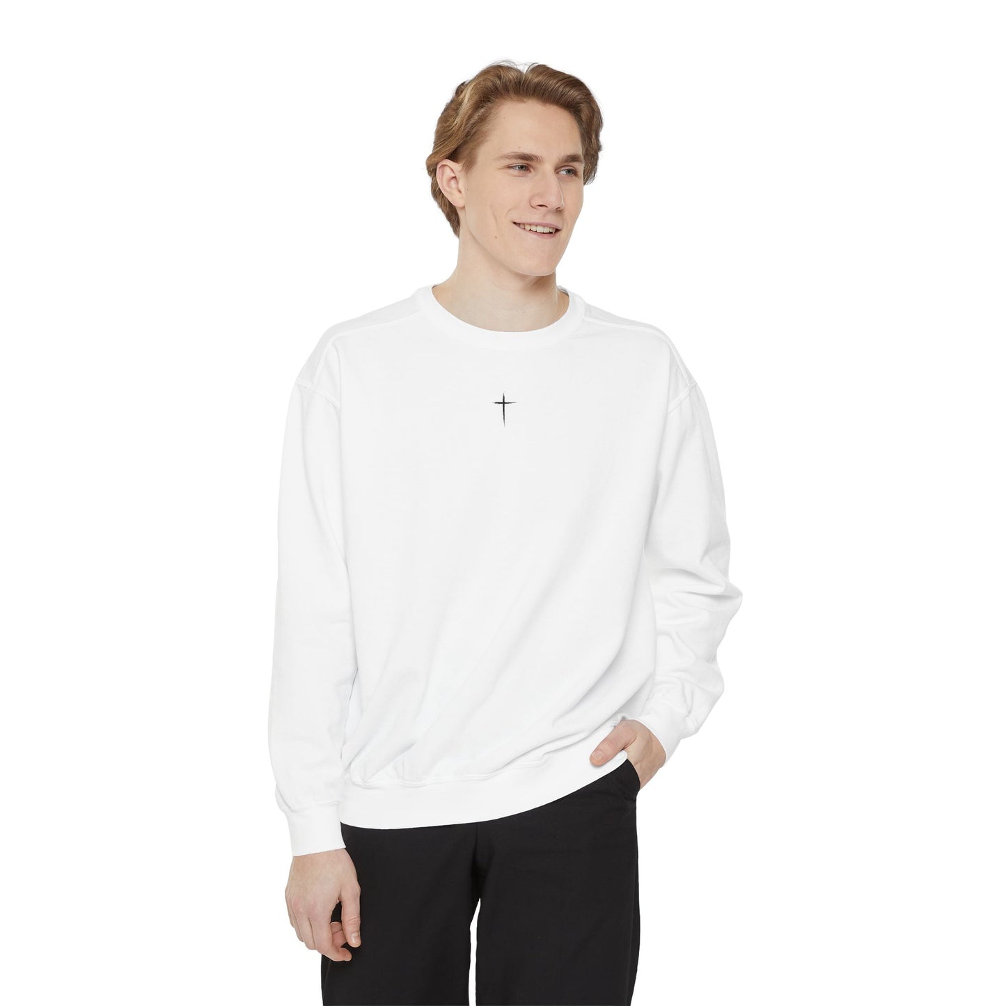 Garment-Dyed Sweatshirt with Minimalist Cross Design, Cozy Unisex Crewneck, Perfect for Spiritual Gifts, Casual Wear, Everyday Comfort