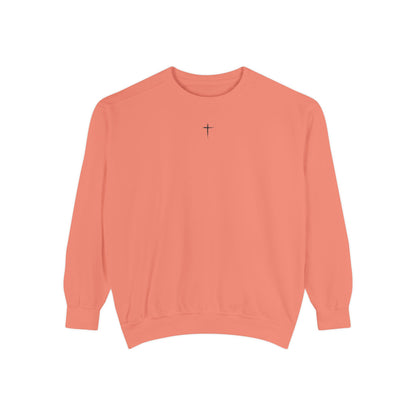 Garment-Dyed Sweatshirt with Minimalist Cross Design, Cozy Unisex Crewneck, Perfect for Spiritual Gifts, Casual Wear, Everyday Comfort