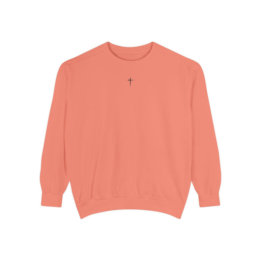 Garment-Dyed Sweatshirt with Minimalist Cross Design, Cozy Unisex Crewneck, Perfect for Spiritual Gifts, Casual Wear, Everyday Comfort