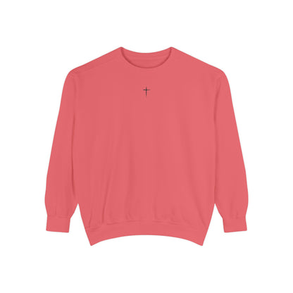 Garment-Dyed Sweatshirt with Minimalist Cross Design, Cozy Unisex Crewneck, Perfect for Spiritual Gifts, Casual Wear, Everyday Comfort