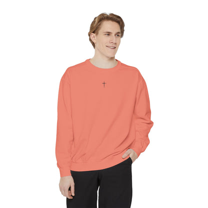 Garment-Dyed Sweatshirt with Minimalist Cross Design, Cozy Unisex Crewneck, Perfect for Spiritual Gifts, Casual Wear, Everyday Comfort