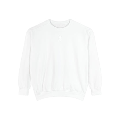 Garment-Dyed Sweatshirt with Minimalist Cross Design, Cozy Unisex Crewneck, Perfect for Spiritual Gifts, Casual Wear, Everyday Comfort
