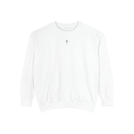 Garment-Dyed Sweatshirt with Minimalist Cross Design, Cozy Unisex Crewneck, Perfect for Spiritual Gifts, Casual Wear, Everyday Comfort